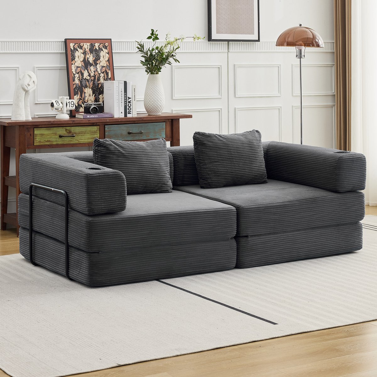 Multifunctionele Corduroy Slaapbank –Vaste Framebank –Opvouwbaar met 2 Kussens en Armleuningen –Comfortabel 2-in-1 Ontwerp –Geschikt voor 2 Personen –Te Gebruiken als Bank, Ligstoel en Logeerbed – Ideaal voor Appartementen of Kleine Ruimtes–grijs