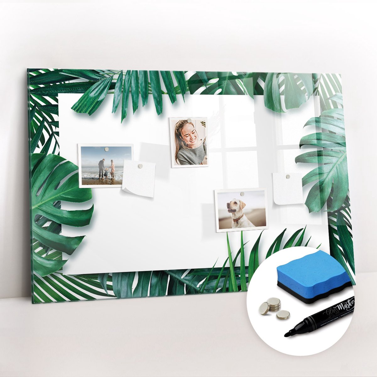 Tulup Whitebord - Tropische monstera-bladeren - 90 x 60 cm - Groente Magneetbord Muur - Gratis 5 Sterke Magneten + Whiteboard Marker & Wisser - Decoratief Magnetisch Bord - Magneetbord Foto - Inspiratiebord Kantoor