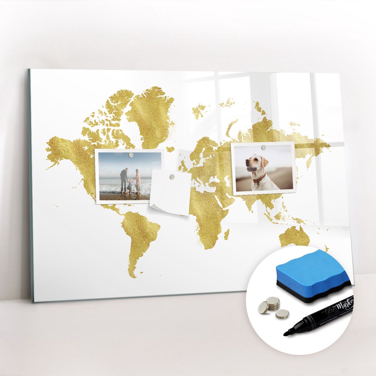 Tulup Whitebord - Gouden wereldkaart - 60 x 40 cm - Geel Foto Magneetbord - Gratis 5 Sterke Magneten + Whiteboard Marker & Wisser - Wanddecoratie Kantoor - Memobord Keuken - Ideeënbord Thuiswerkplek