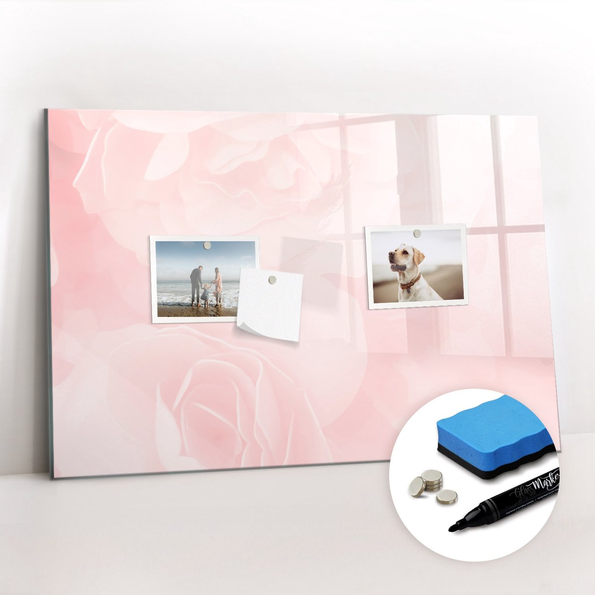 Tulup Whitebord - Bloeiende rozen - 60 x 40 cm - Roze Memobord Magnetisch - Gratis 5 Sterke Magneten + Whiteboard Marker & Wisser - Decoratief Magnetisch Bord - Magnetisch Bord Kind - Ideeënbord Thuiswerkplek