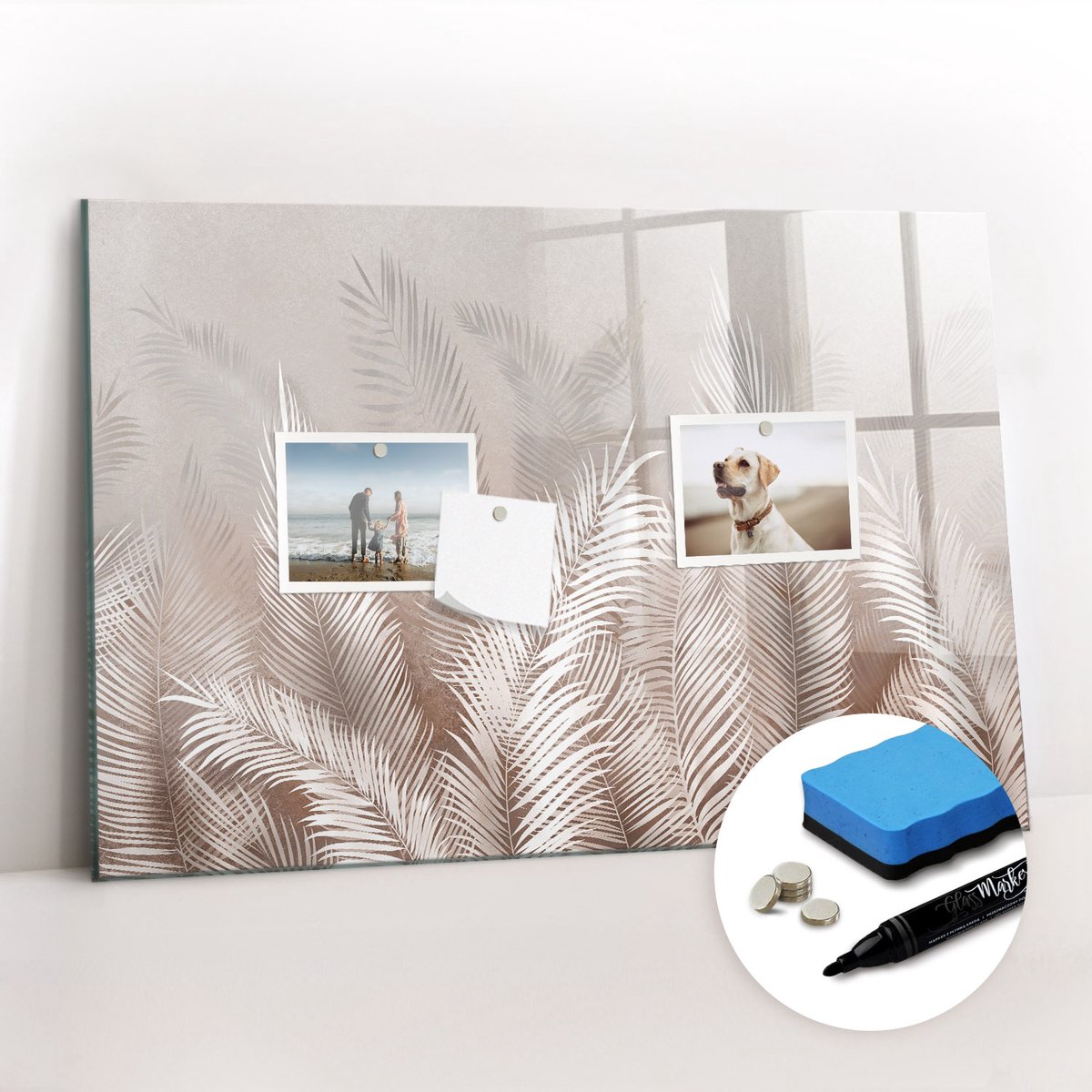 Tulup Whitebord - Tropische bladeren - 60 x 40 cm - Grijs Memo Bord - Gratis 5 Sterke Magneten + Whiteboard Marker & Wisser - Wanddecoratie Kantoor - Memo Bord - Productiviteit Tools