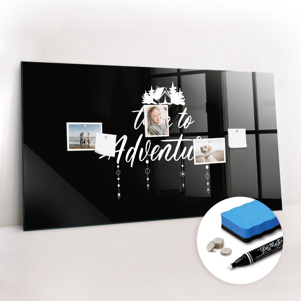 Tulup Whitebord - Tijd voor avontuur - 120 x 60 cm - Zwart Magnetic Board - Gratis 5 Sterke Magneten + Whiteboard Marker & Wisser - Stylish Memo Board - Magnetisch Bord - Planning Muur