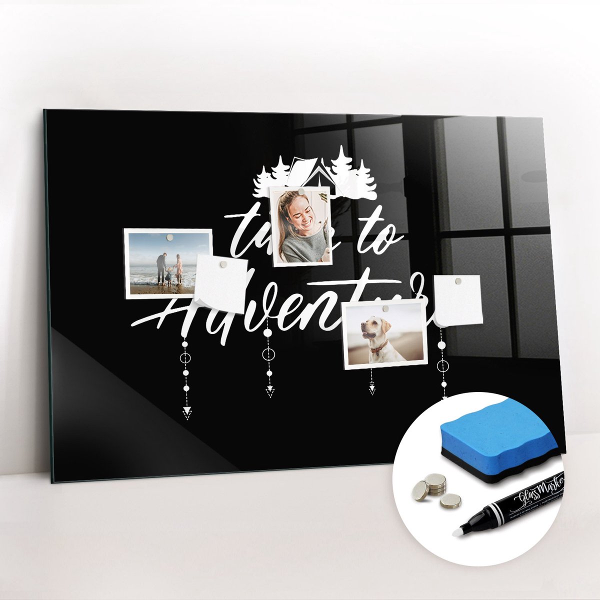 Tulup Whitebord - Tijd voor avontuur - 90 x 60 cm - Zwart Memobord Magnetisch - Gratis 5 Sterke Magneten + Whiteboard Marker & Wisser - Decoratief Magnetisch Bord - Magneetbord Foto - Inspiratiebord Kantoor