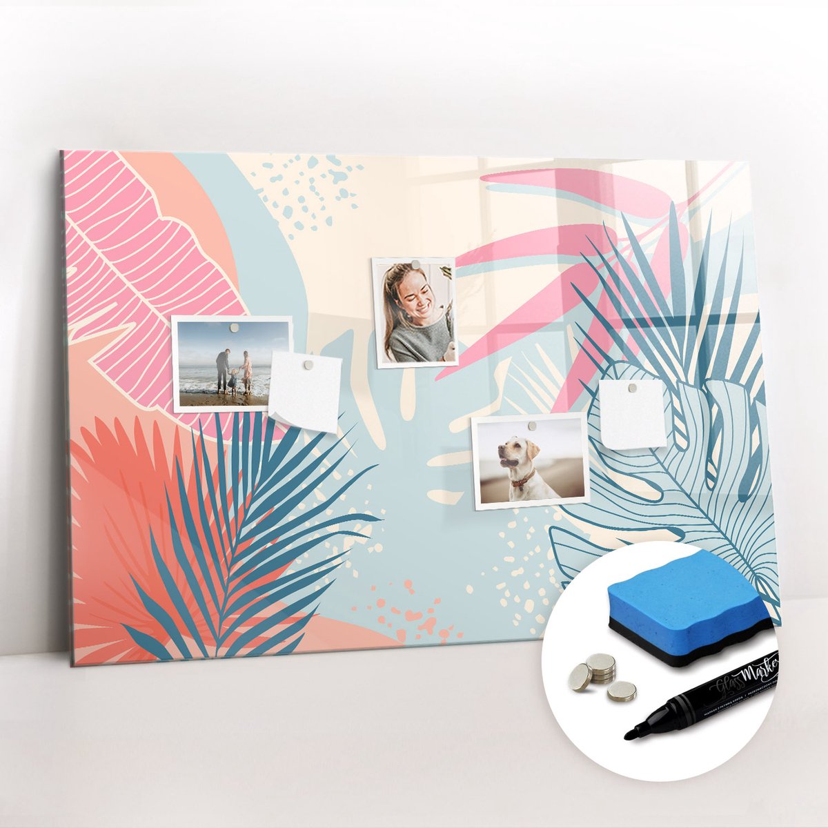 Tulup Whitebord - Pastelkleurige bladeren - 90 x 60 cm - Veelkleurig Magnetisch Bord Kind - Gratis 5 Sterke Magneten + Whiteboard Marker & Wisser - Scandinavisch Design Bord - Magneetbord Muur - Planning Muur