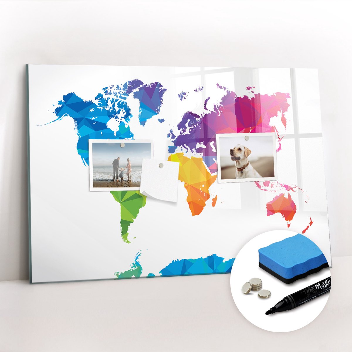 Tulup Whitebord - Abstracte wereldkaart - 60 x 40 cm - Veelkleurig Magnet Board - Gratis 5 Sterke Magneten + Whiteboard Marker & Wisser - Industrieel Wandbord - Magneetbord Keuken - Inspiratiebord Kantoor