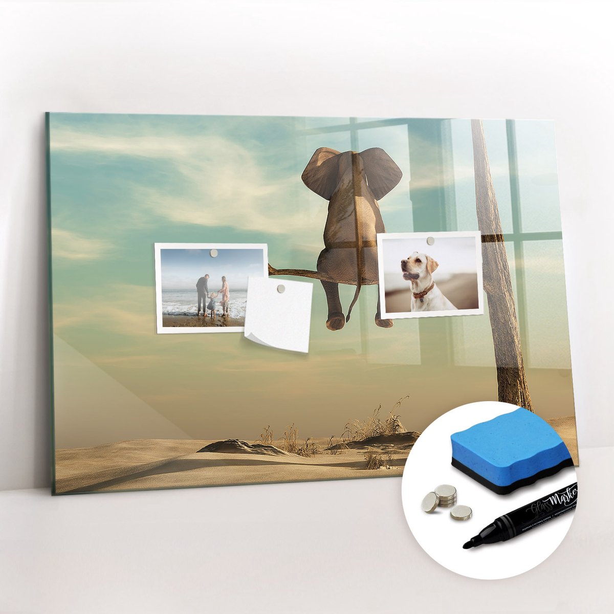 Tulup Whitebord - Olifant in een boom - 60 x 40 cm - Veelkleurig Magnetisch Bord Kind - Gratis 5 Sterke Magneten + Whiteboard Marker & Wisser - Wanddecoratie Kantoor - Memo Bord - Productiviteit Tools
