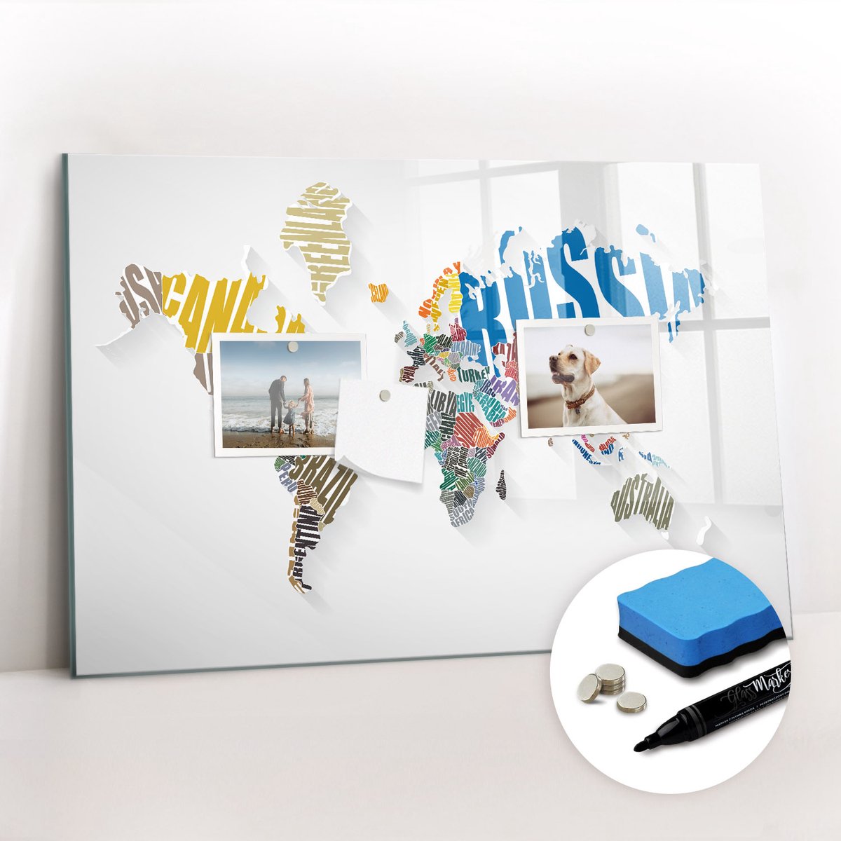 Tulup Whitebord - Letterkaart van de wereld - 60 x 40 cm - Veelkleurig Magnetisch Bord - Gratis 5 Sterke Magneten + Whiteboard Marker & Wisser - Decoratief Magnetisch Bord - Magneetbord Foto - Inspiratiebord Kantoor