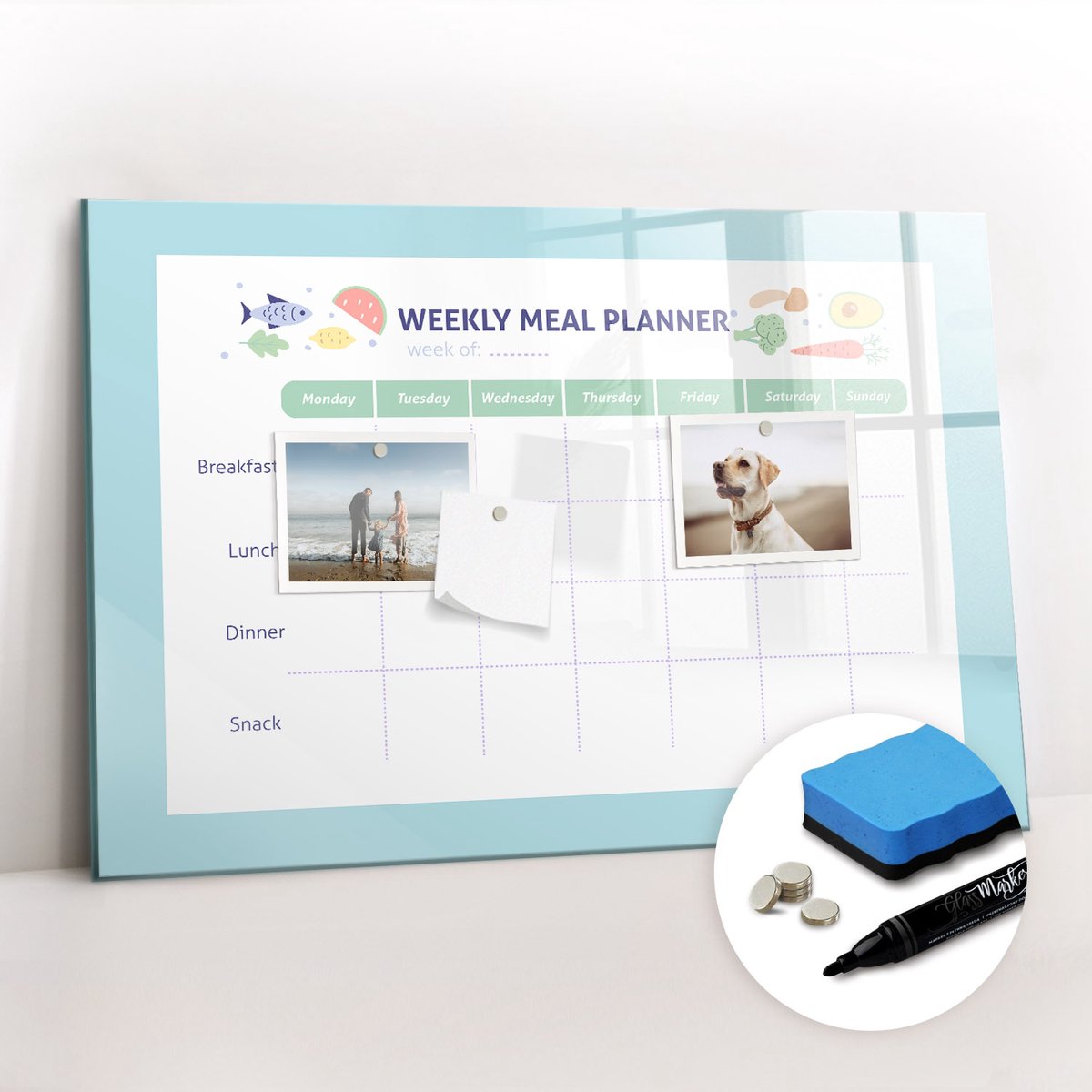Tulup Whitebord - Maaltijdplanner voor een dieet - 60 x 40 cm - Blauw Memobord Magnetisch - Gratis 5 Sterke Magneten + Whiteboard Marker & Wisser - Design Memobord - Magnet Board - Productiviteit Tools