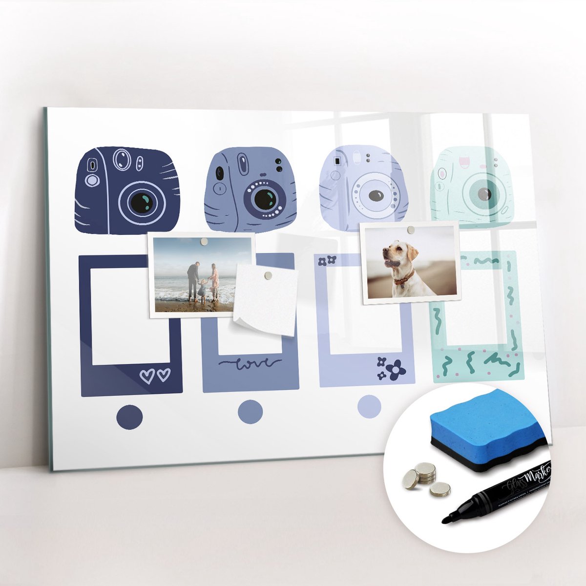 Tulup Whitebord - Polaroid-frames - 60 x 40 cm - Blauw Magneetbord Keuken - Gratis 5 Sterke Magneten + Whiteboard Marker & Wisser - Stylish Memo Board - Magneetbord Keuken - Organiseer Je Bureau