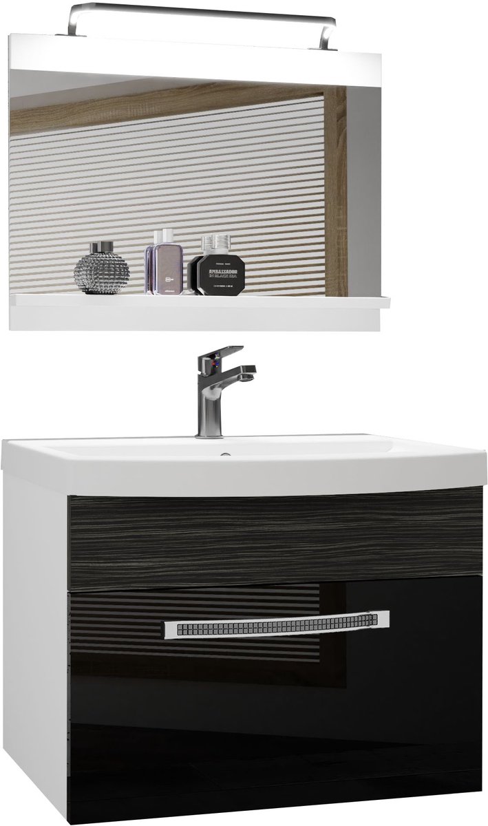 BELINI Badkamermeubel Set GLA PM 1 - Badmeubelset 60 cm Zwart/Ebbenhout Royal Hoogglans en Mat met Wastafel, Spiegel en LED Lamp - Wandmontage