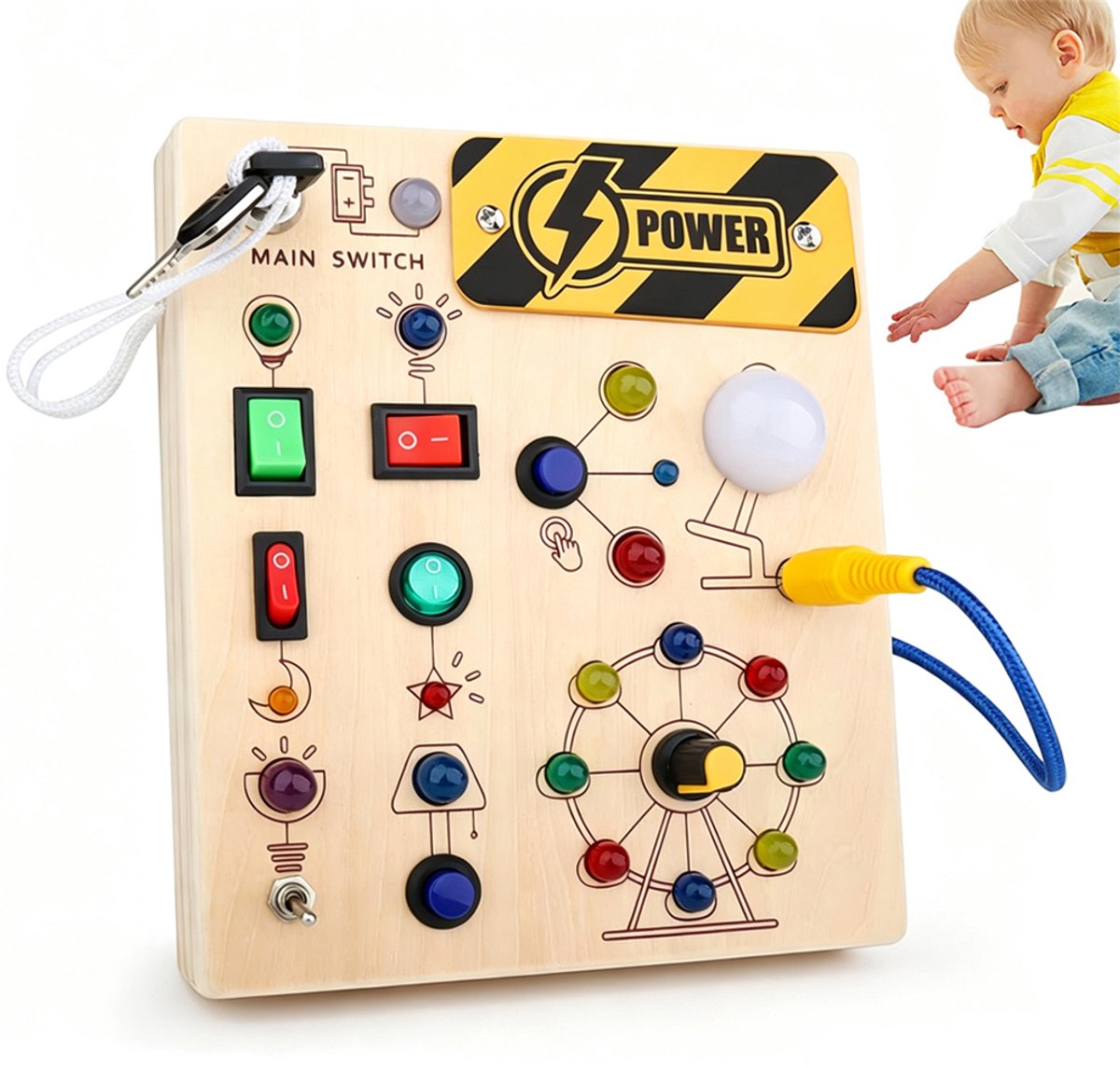 Houten activiteitenbord met ledverlichting, Montessori-speelgoed voor peuters, educatief bord met schakelaars, sensorisch leerspeelgoed, verjaardagscadeau voor jongens en meisjes van 1-4 jaar