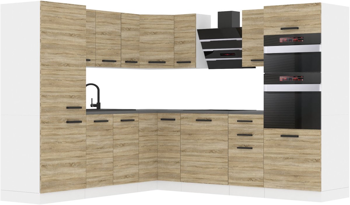 BELINI L-Vorm Keukenblok STACY - Keukenmeubel Set 420 cm Sonoma Eiken met Werkbladen - Boven- en Onderkasten