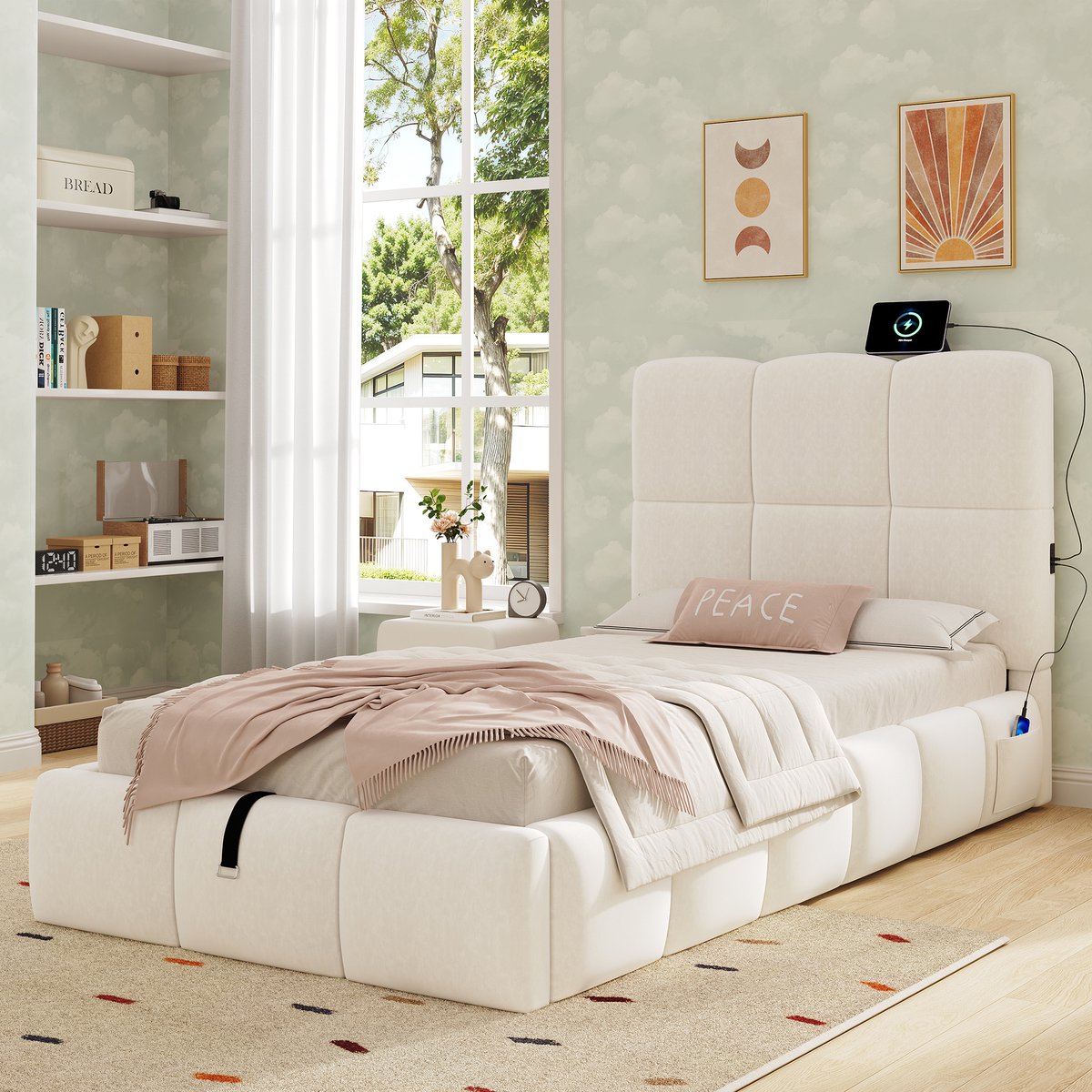 Polsterbed 90x200cm - Sprookjesachtig Kinderbed in Beige Velvet - Ruim Stauraum en USB-Ladeaansluiting
