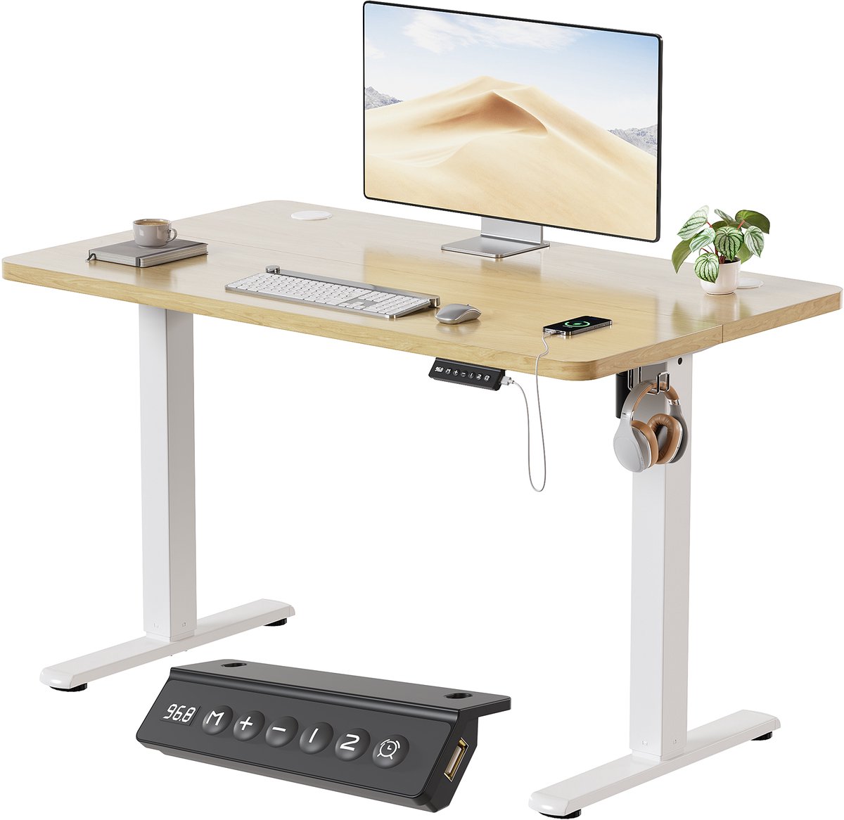 Devoko Elektrisch Hoogteverstelbaar Bureau - Zit-Sta Bureau 100x60 cm - Digitaal Display met 2 Geheugenstanden en Zitherinnering - Wit/Beige