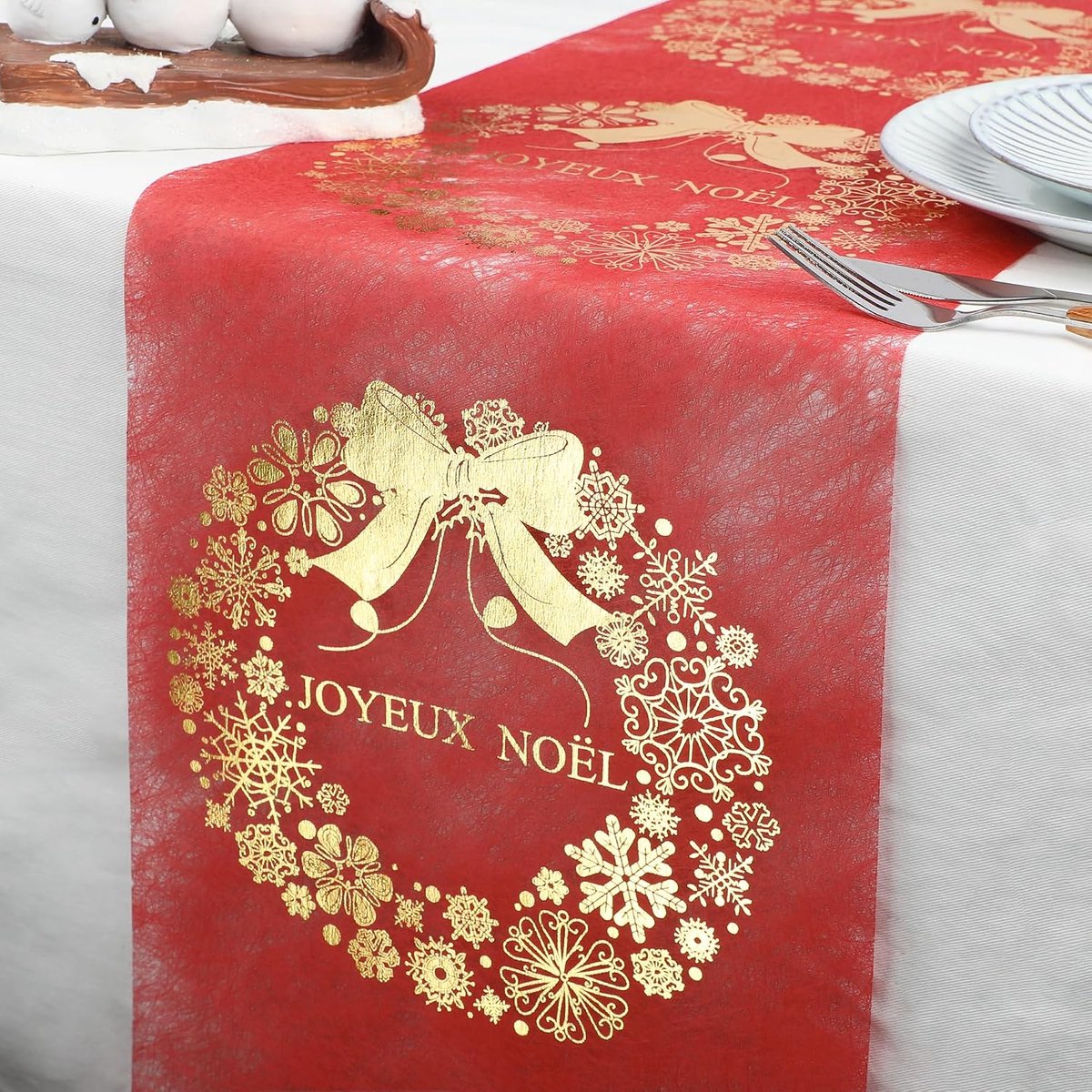 Tafelloper van vrolijk kerstfeest, 28 cm x 5 m, rode stoffen tafelloper met gouden kroonmotieven voor Kerstmis, verpakking, decoratie