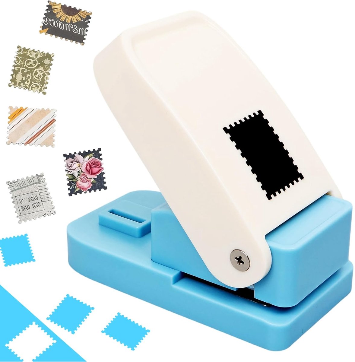 Postzegelpons, met gegolfde rand, papierpons voor scrapbooking en kaarten knutselen, motiefpons in stempelvorm met hefboommechanisme, ideaal voor wenskaarten, etiketten en doe-het-zelfprojecten