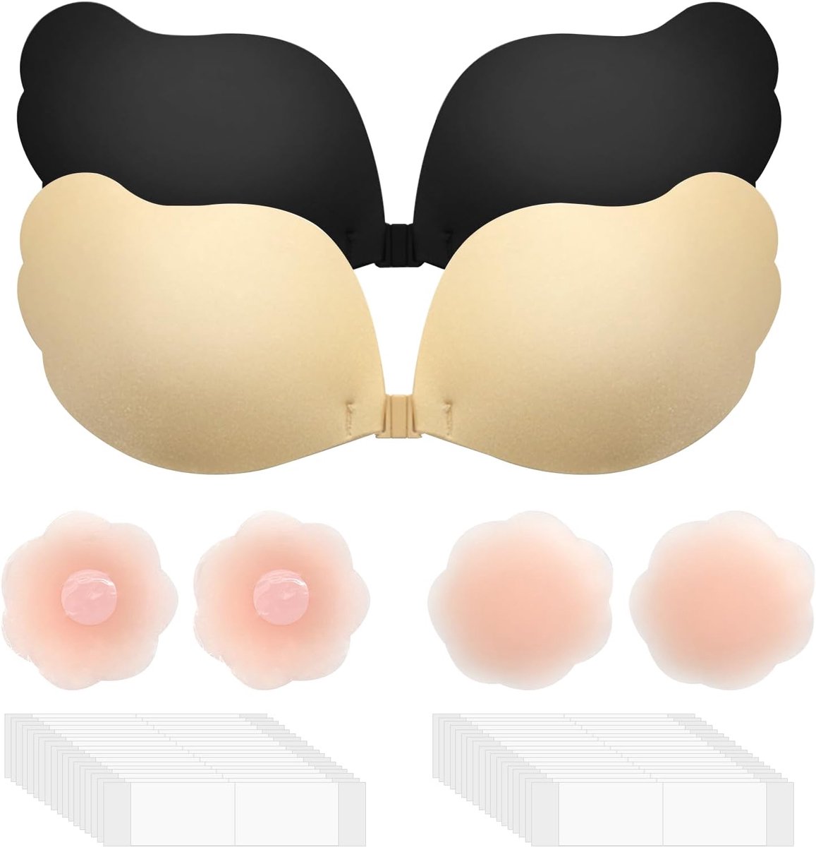 2 stuks zelfklevende push-up beha, herbruikbaar, rugvrij, onzichtbare push-up-beha, siliconen, met 4 borstkussens en 36 plakstrips voor bruiloftsjurk, cupmaat B