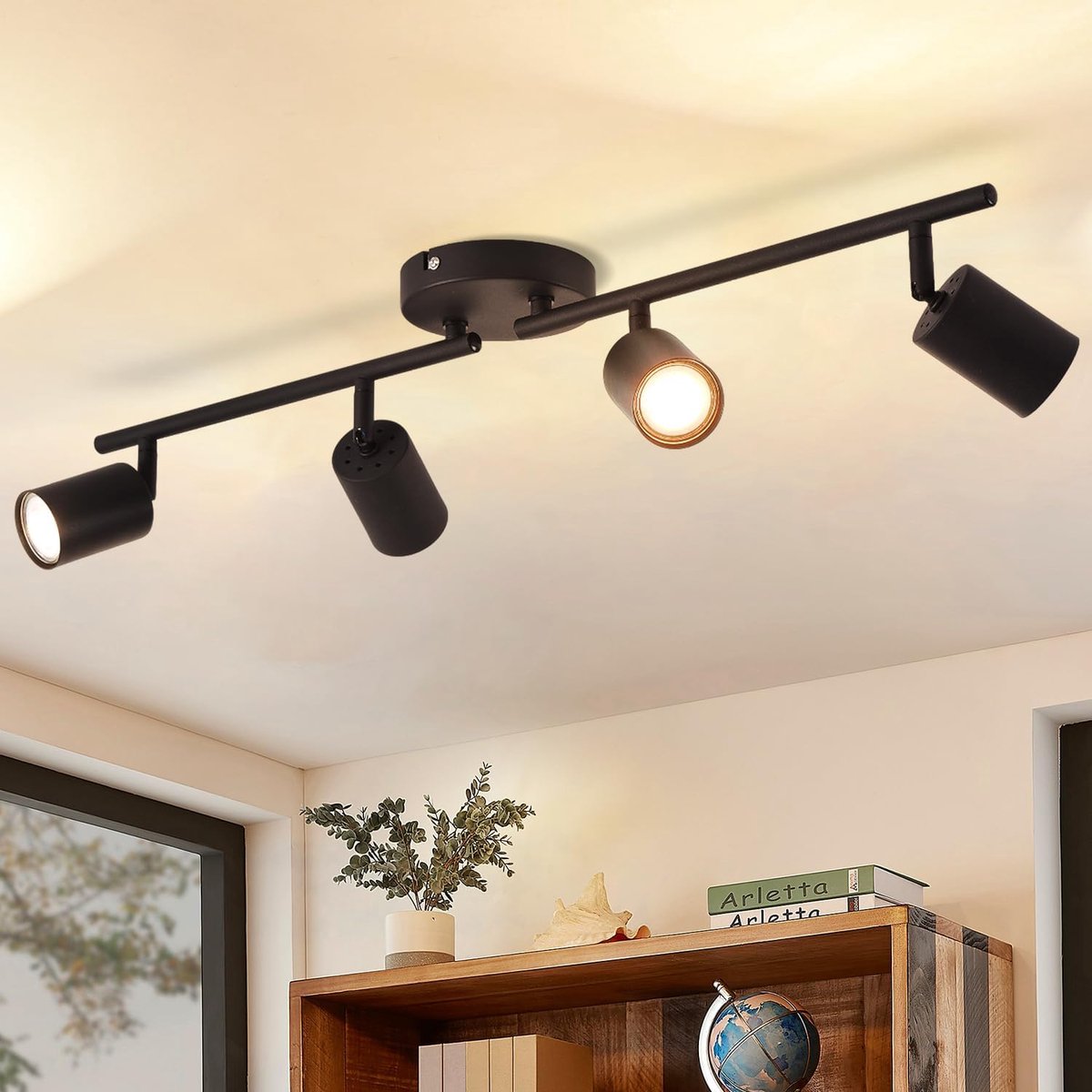 Led-plafondlamp, 4 lampen, zwart, draaibare spotbalk, GU10, keukenlamp, plafondlamp, modern, voor woonkamer, keuken, slaapkamer, hal (zonder lampen) EU