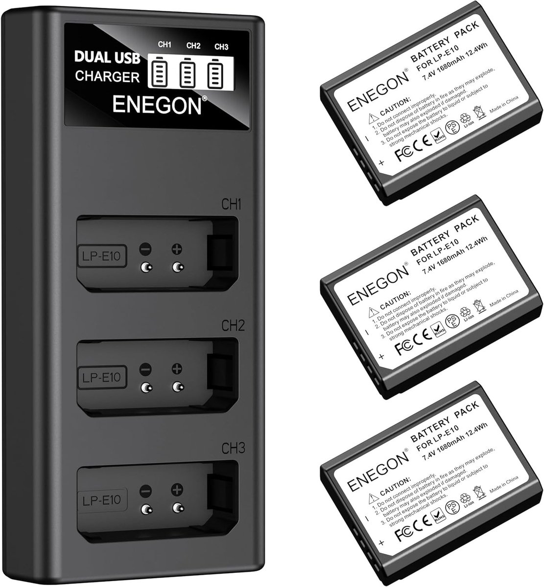 Hoge capaciteit LP-E10 batterijen (3×1680mAh) met LCD 3-slot oplader, geschikt voor Canon camera's zoals EOS Rebel T3, T5, T6, Kiss X50, X70, 1100D, 1200D, 1300D, 2000D, 3000D en 4000D, ideaal voor fotograferen en filmen