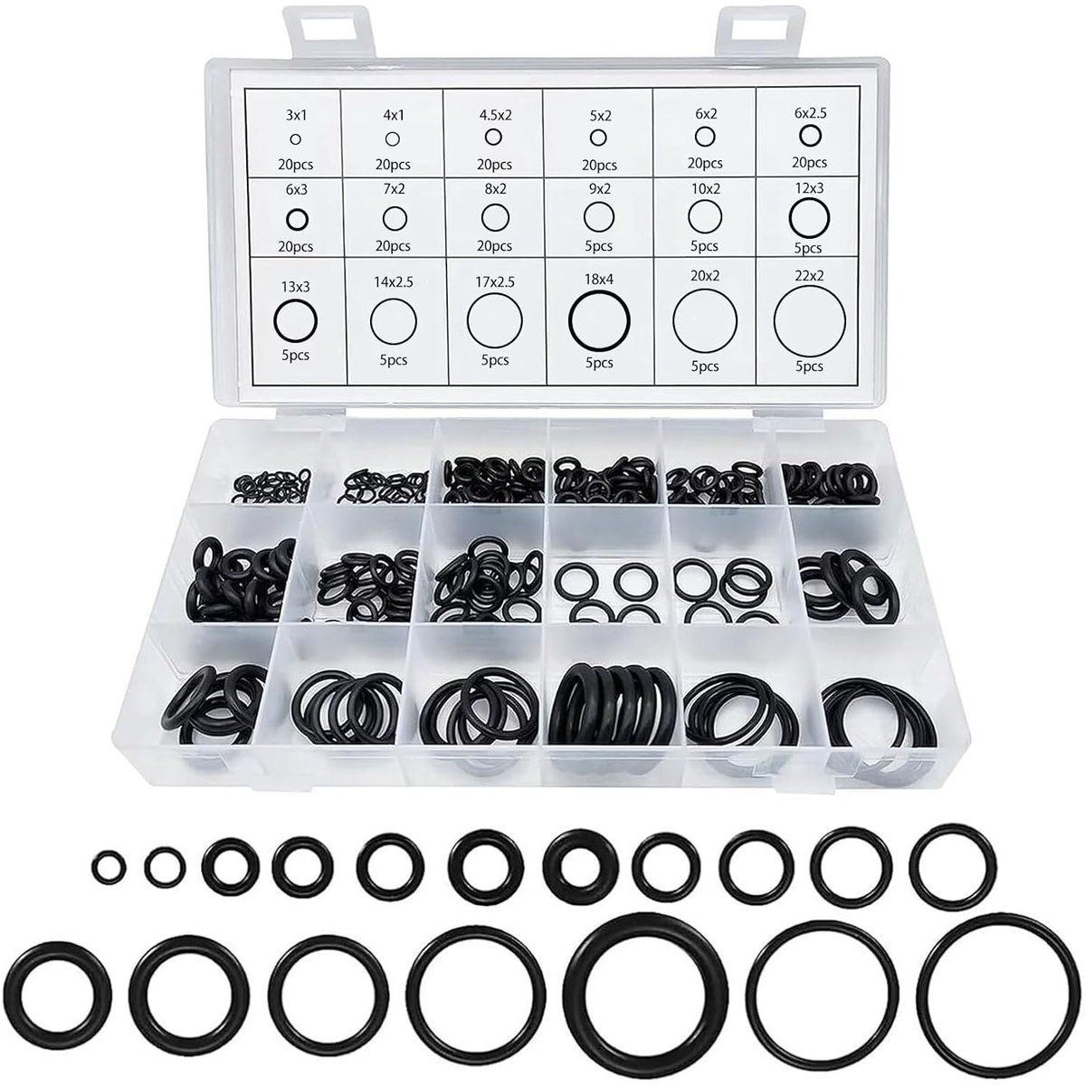 Complete Set van 225 Rubber O-Ringen, 18 Maten voor Waterdichte Afdichtingen, Geschikt voor Auto's, Kranen en Persleidingen