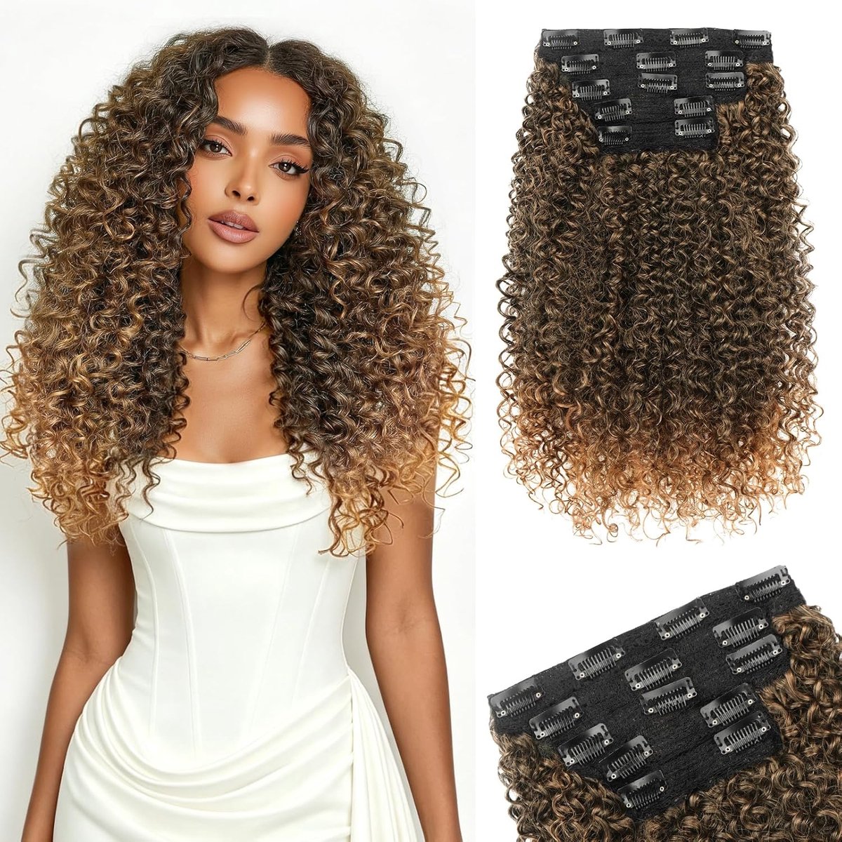 Haarextensies,40 cm Krullende Haarextensies voor dun Haar,Langdurige Krullen Synthetische Haarexten met Clips voor Vrouwen,Ombré Natuurlijk Zwart naar Midden Auburn