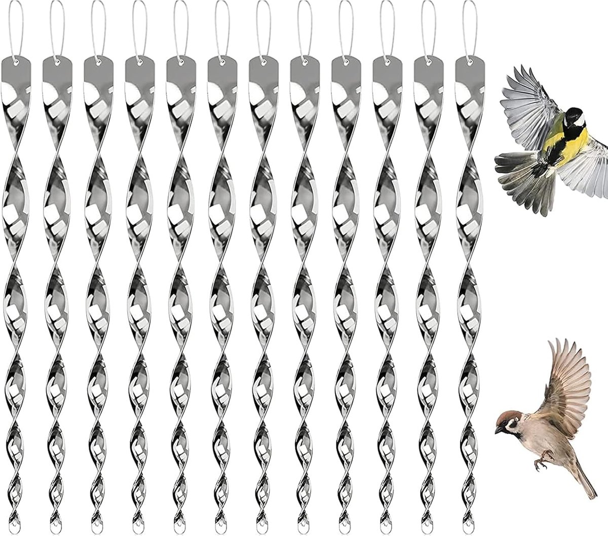 12 stuks vogelverschrikker, vogelafweer, windspel, vogelafweer, reflecterend, zwaluwafweer, vogelafweer, vogelafweer, balkon, windspiraal, vogelafweer voor kraaien, verdrijven (zilver)