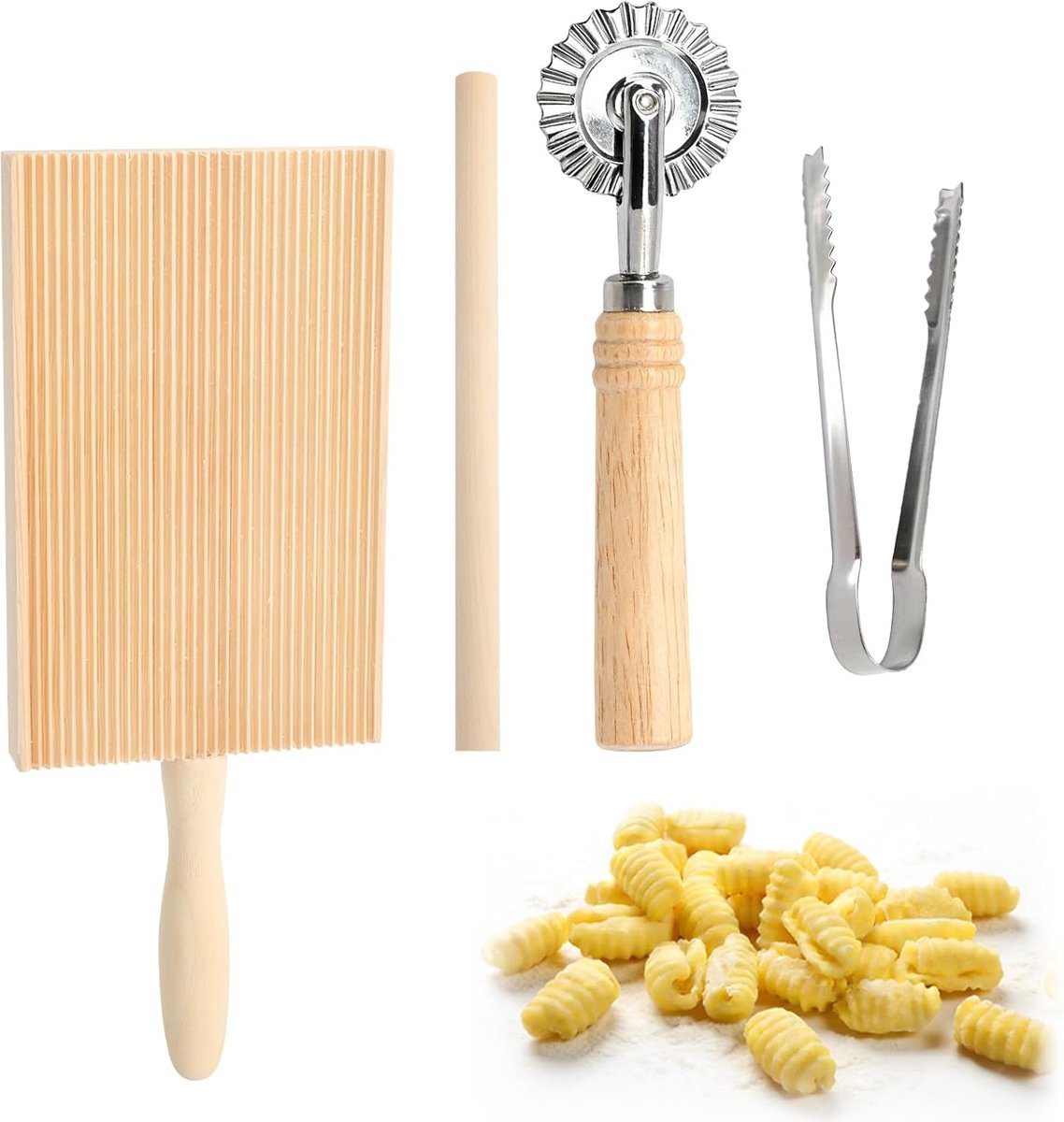 Houten plankenset met deegsnijder, spätzleplank met schraper, pastameplank en ravioli roller voor zelfgemaakte pasta, accessoires voor keuken en doe-het-zelf pasta zelf maken