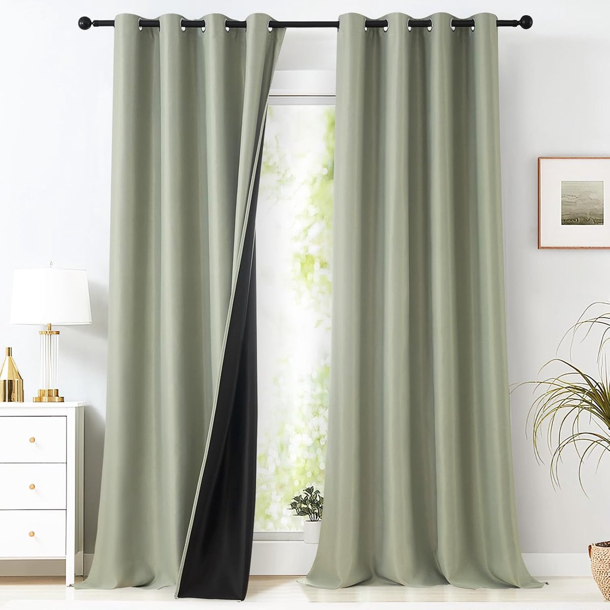 Set van 2 gordijnen en gordijnen voor binnen, geluidswerend, 100% blokkeert licht, uv-bescherming, isolerend, koudebestendig, met oogjes, voor woonkamer, saliegroen, 140 x 245 cm