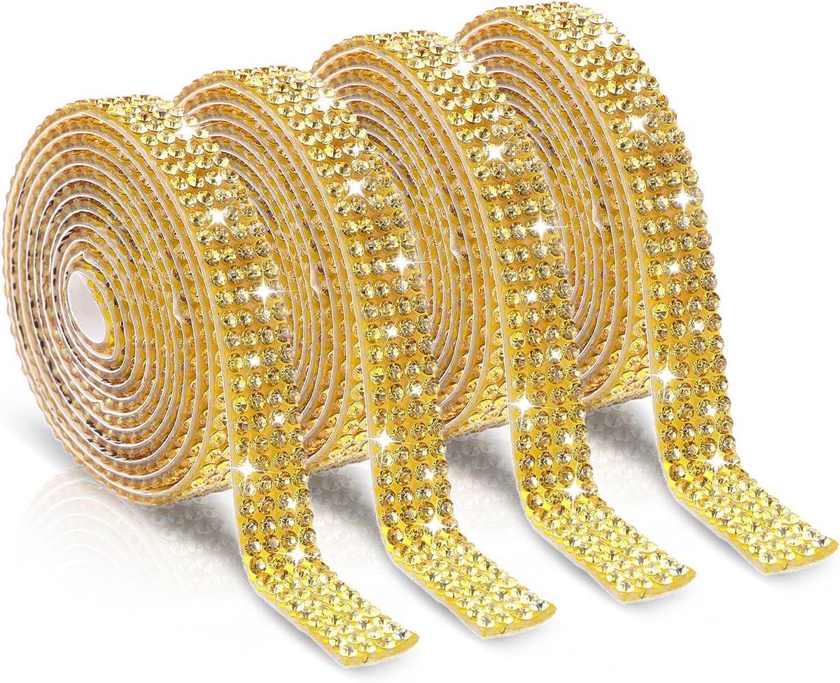 4 rollen zelfklevende kristallen strass linten gouden glitter diamant riem wrap voor doe-het-zelf kunst ambachten telefoon nagellak fles feestdecoratie (1 yards, 0,9 cm)