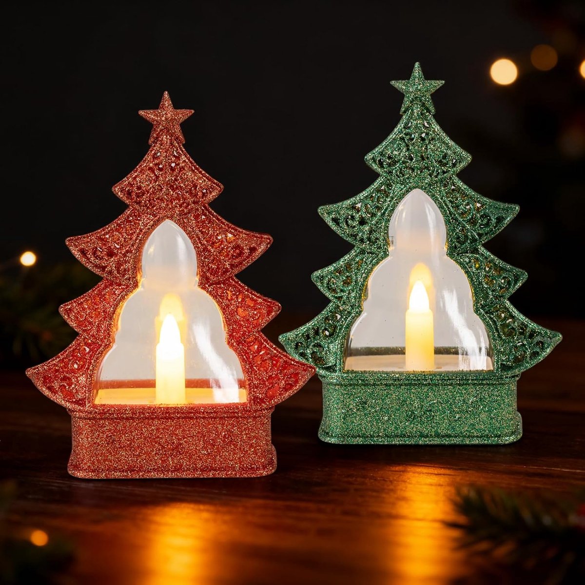 LED Theelichtjes 2 Stuks Kerstboom Doorloching Vlamloze Kaarsen Kerstdecoratie Theelichtjes Mini Kerstboom Kerst Deko Kerstdecoratie Tafeldecoratie
