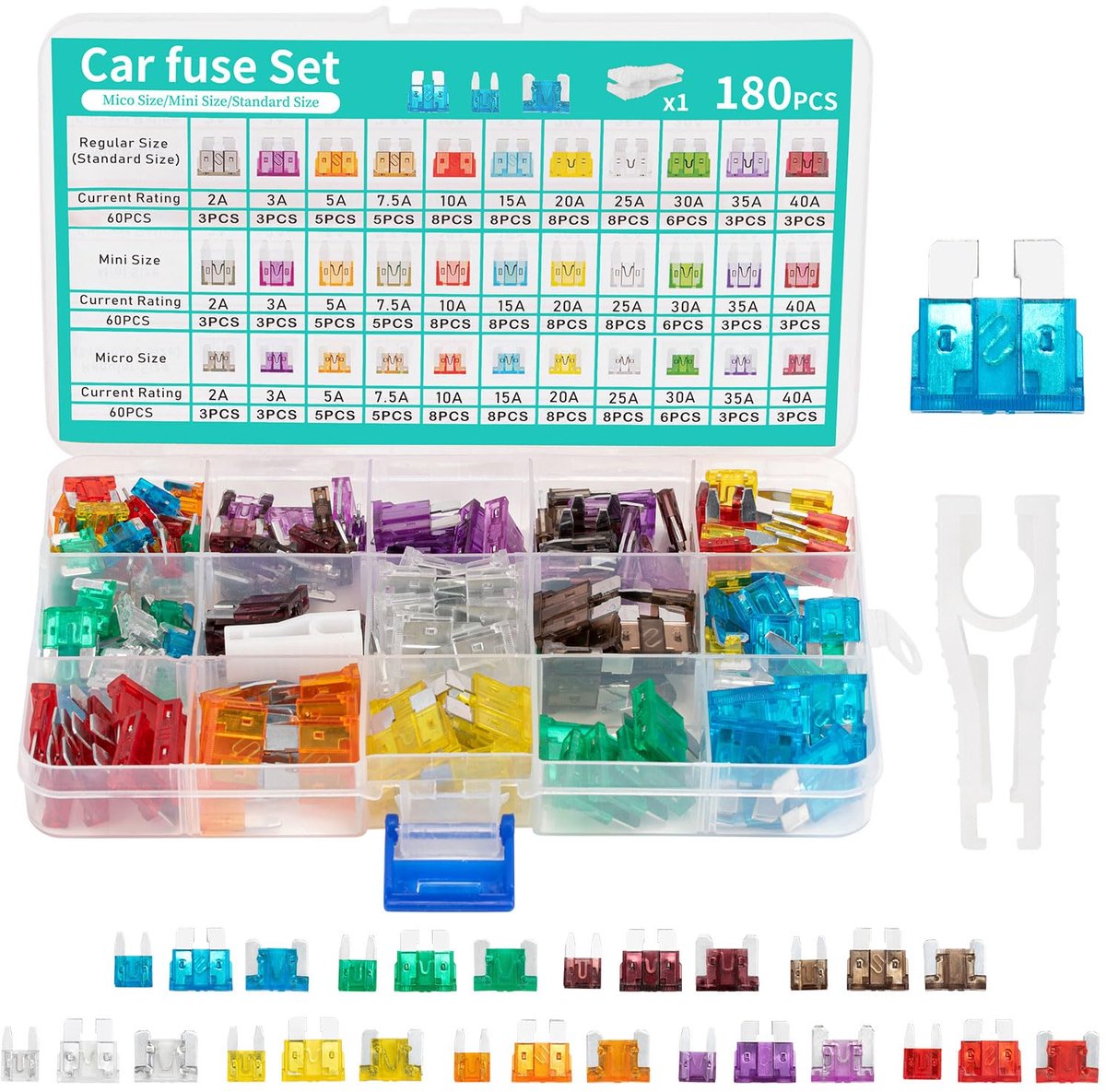 180 stuks autozekeringen, set autozekeringen, micro zekeringen auto, mini platte zekeringen, standaard, 1 zekeringtrekker voor auto/motor/camper (2A-40A)
