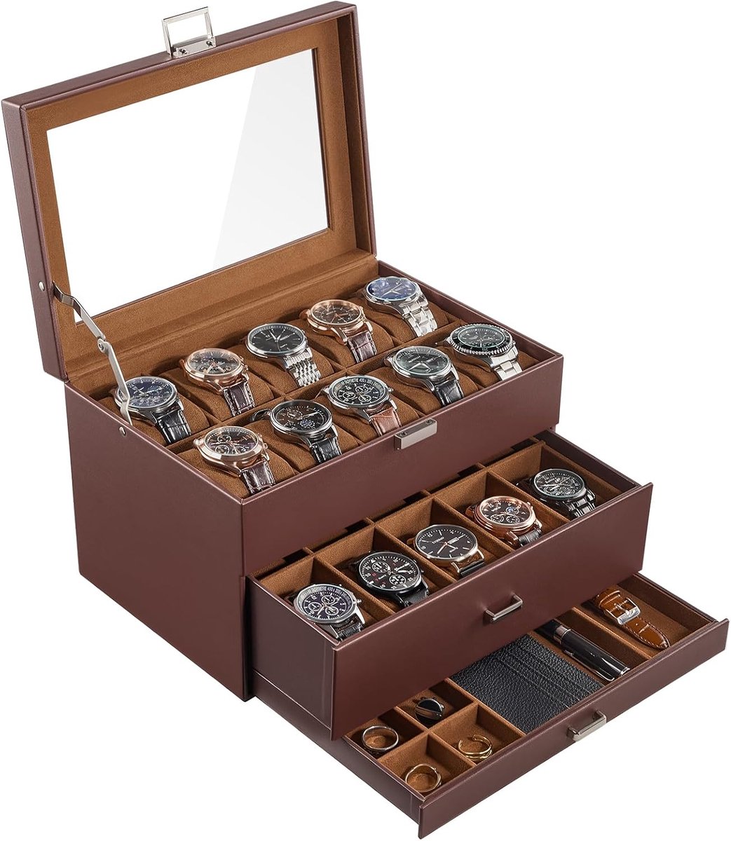 20 vakjes horlogebox voor heren, 3-laags horlogedisplayvitrine - Bruin