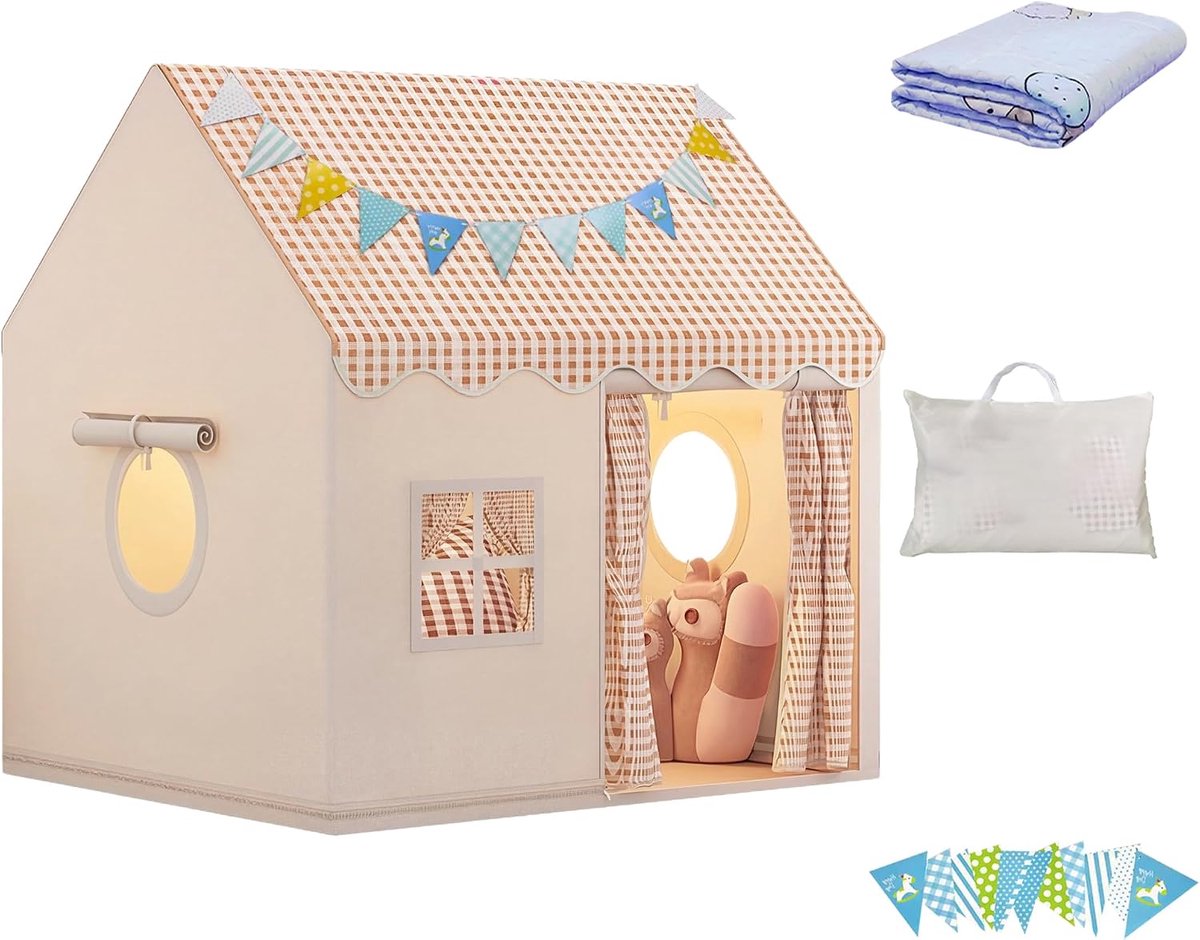 Kindertent voor binnen en buiten, speelhuisje, speeltent met mat en verlichting, speeltent, huistent, meisjes, kinderkasteel, decoratie vanaf 3 jaar, lichtbruin