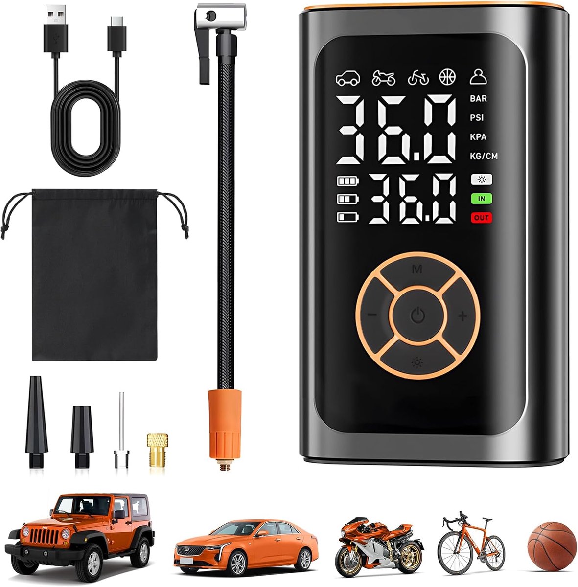 Elektrische luchtpomp, 4000 mAh en 150 psi, fietspomp voor autobanden met manometer en ledlicht, snellere opblaas, mini-compressor voor auto, fietsen, motorfietsen