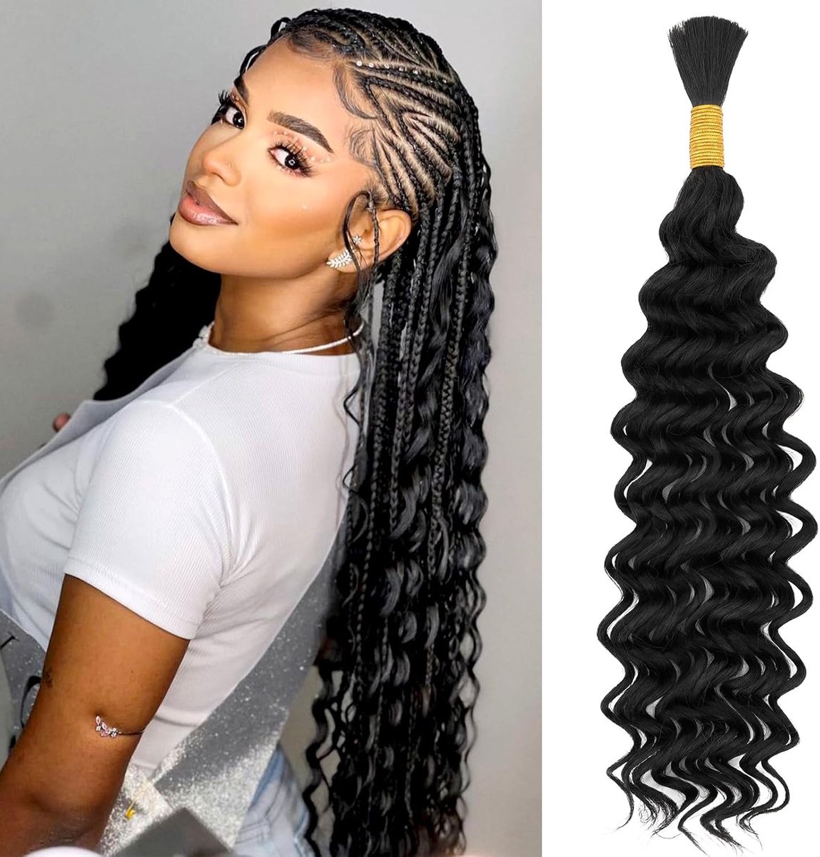 Vlechthaar van echt haar met diepe golven, 1 bundel, boho-vlechten om te vlechten, 50 g, boho-vlechten, echt haar, natuurlijk zwart, geen inslagen, krullend haar, 40 cm