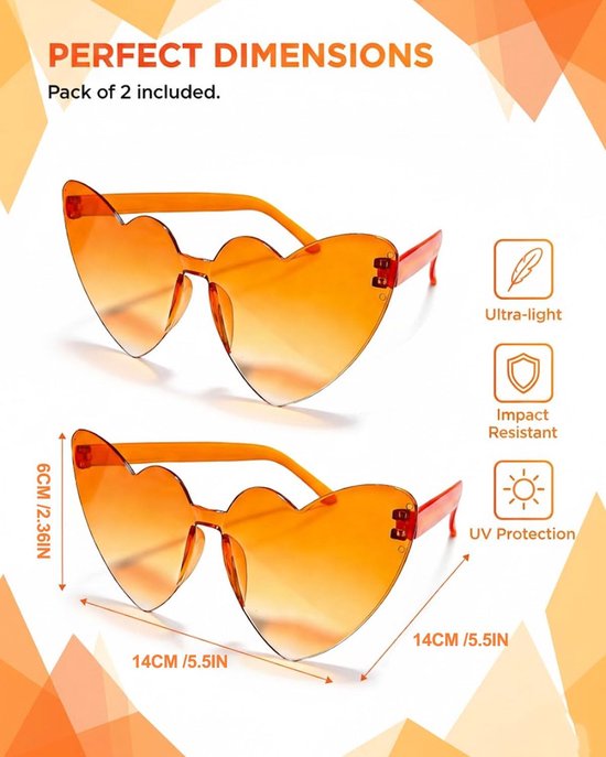 2 Stuk Hartvorm Zonnebril herzbrille oranje, herzbrille, zonnebril oranje, Brille Mode Hart Übergroße Mode Zonnebril Bril voor Dames(Gradient) — afbeelding 3