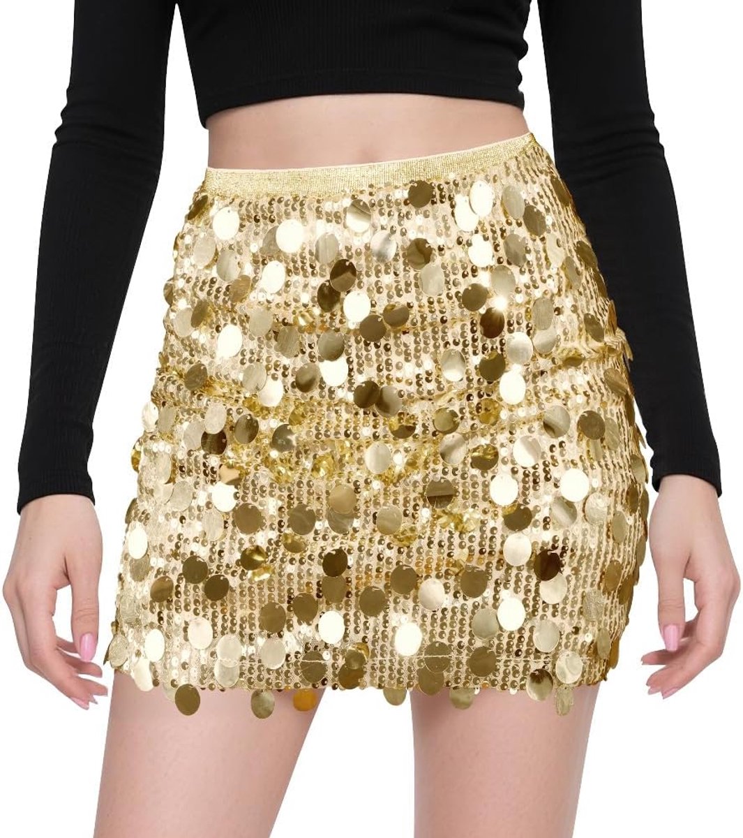 Paillettenrok voor dames, glitterrok, sexy taille-heuprok, paillettenminirok, elastisch, kokerrok, paillettenrok, feestrok, clubrok