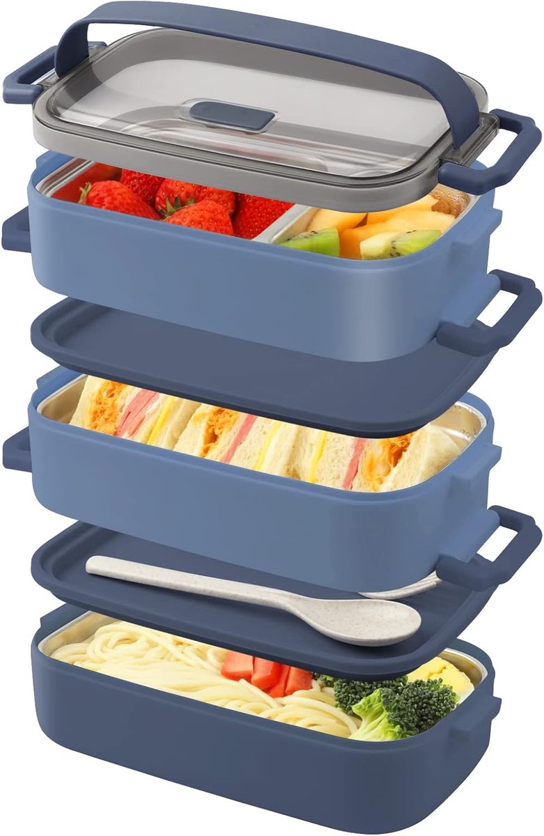 3-laags Bento-lunchbox, 2200 ml, meerdere vakken, roestvrijstalen binnenkant, lekbestendig, BPA-vrij, magnetronbaar, 19,5 x 11,2 x 15 cm