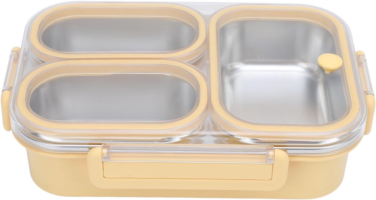 Lunchbox van roestvrij staal, 1,2 l, verwarmbare vakken met 3 verdeelde lunchvakken, rechthoekige voedselcontainer voor snacks, sandwiches, fruit, (geel)