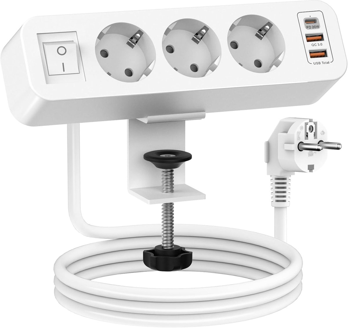 Tafelstopcontact met 3 compartimenten met 1 PD en 2 QC USB, 7-in-1 meervoudig stopcontact met schakelaar, bureaustekkerdoos met 2 m kabel voor thuis en kantoor, wit