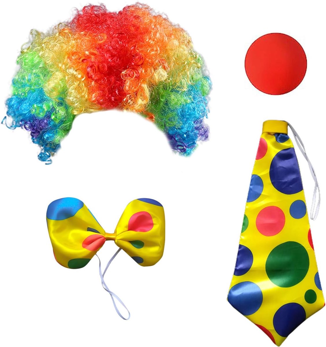 4-delige clownkostuumset - neus, vlinderdas, regenboogpruik, aankleden voor Halloween-feest, cosplay, carnaval, circusshow, benodigdheden voor kinderkostuums (4 stuks)