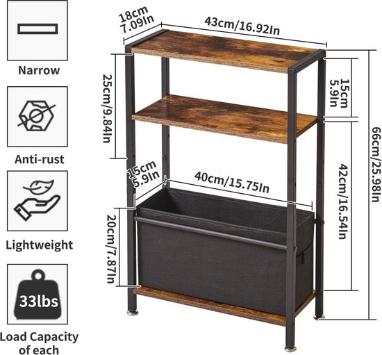 Bijzettafel, 3-laags Kleine Smal Bijzettafel met Opbergplank, Slanke Bijzettafels met Stof Mandje voor Smal en Kleine Ruimtes, Rustiek Bruin, YD-TM052H — afbeelding 2