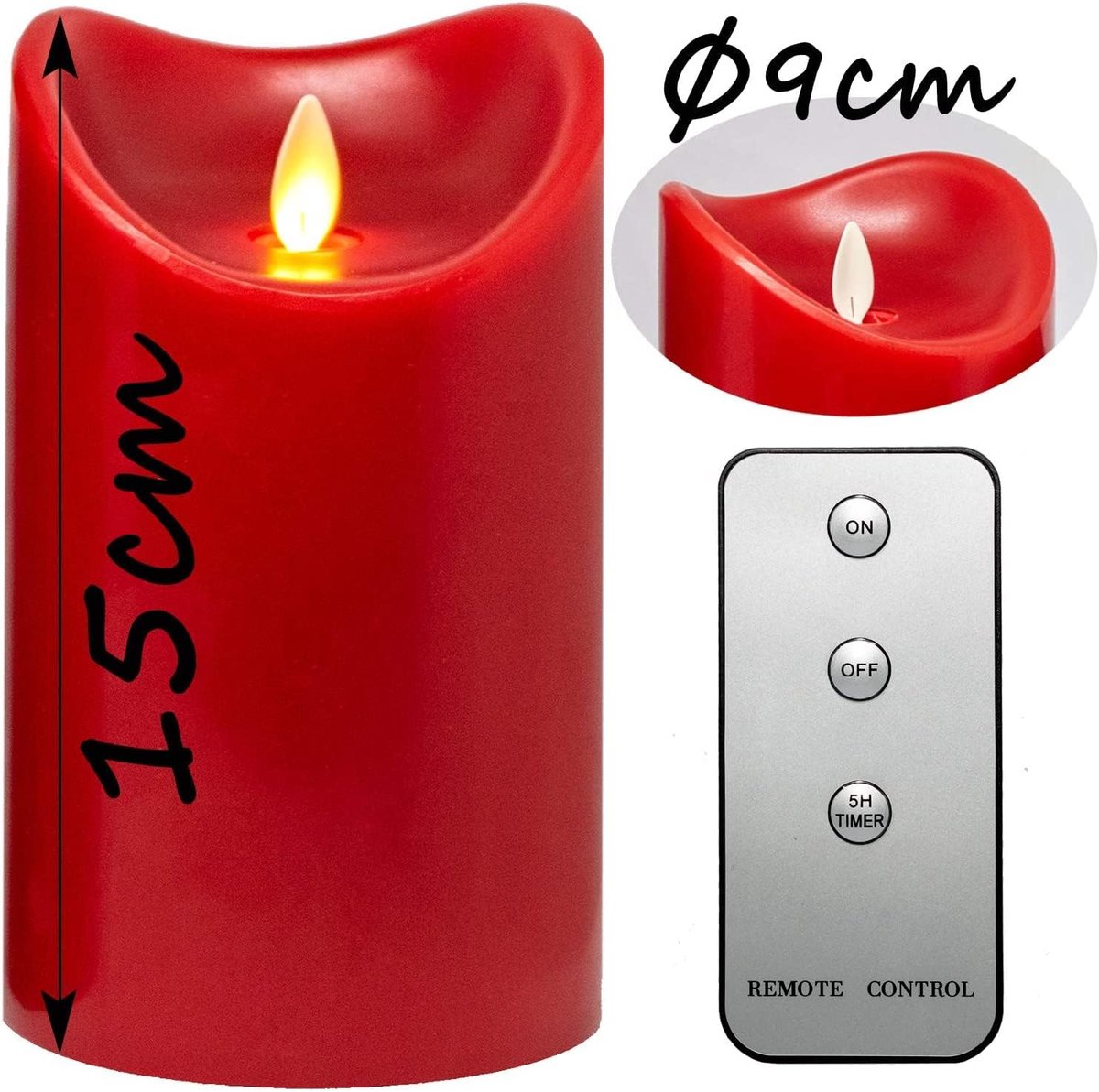 Set van 4 LED Kaarsen met Timer en Afstandsbediening - Ø9x15/19/23cm Waskaarsen met Bewegende Vlam - Brandduur 1000 Uur - Batterijvoeding Rood