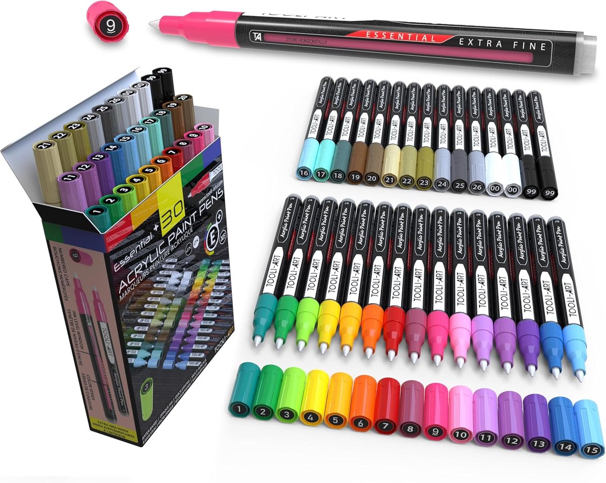 SnelShoppen - Acrylverf Pennen Set 30 Assorti Markers 0.7mm Extra Fijne Punt voor Steen, Glas, Mokken, Porselein, Hout, Metaal, Stof, Doek, Doe-Het-Ze