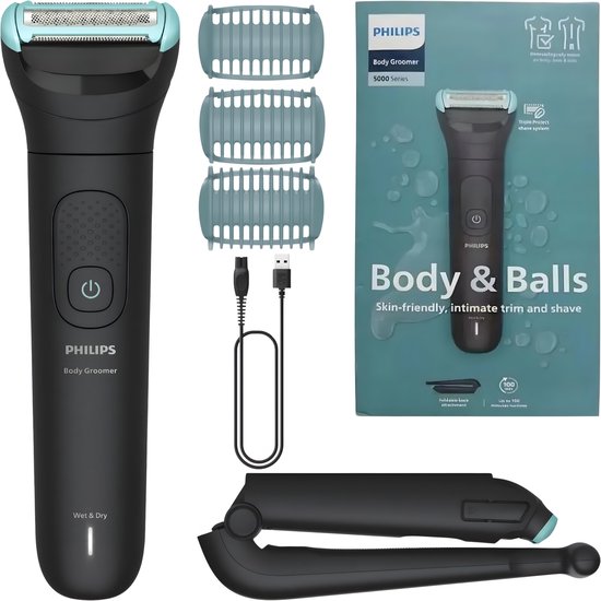 Zwarte Philips Body Groomer 5000 serie, met turquoise accenten, opzetkammen, laadkabel, handvat en verpakking.