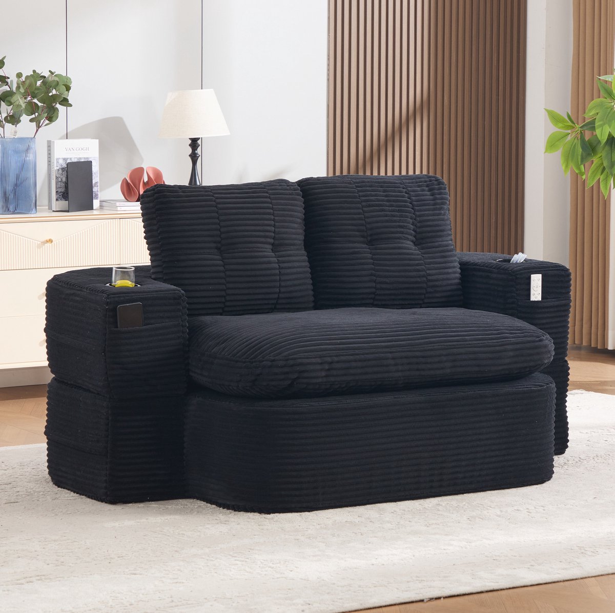 OKWISH Slaapbank 165 x 97 cm - 2-in-1 Met Ligfunctie, Verstelbare Armleuningen, 2 Bekerhouders En Hoge Rugleuning - Voor Woonkamer - Cord - Zwart