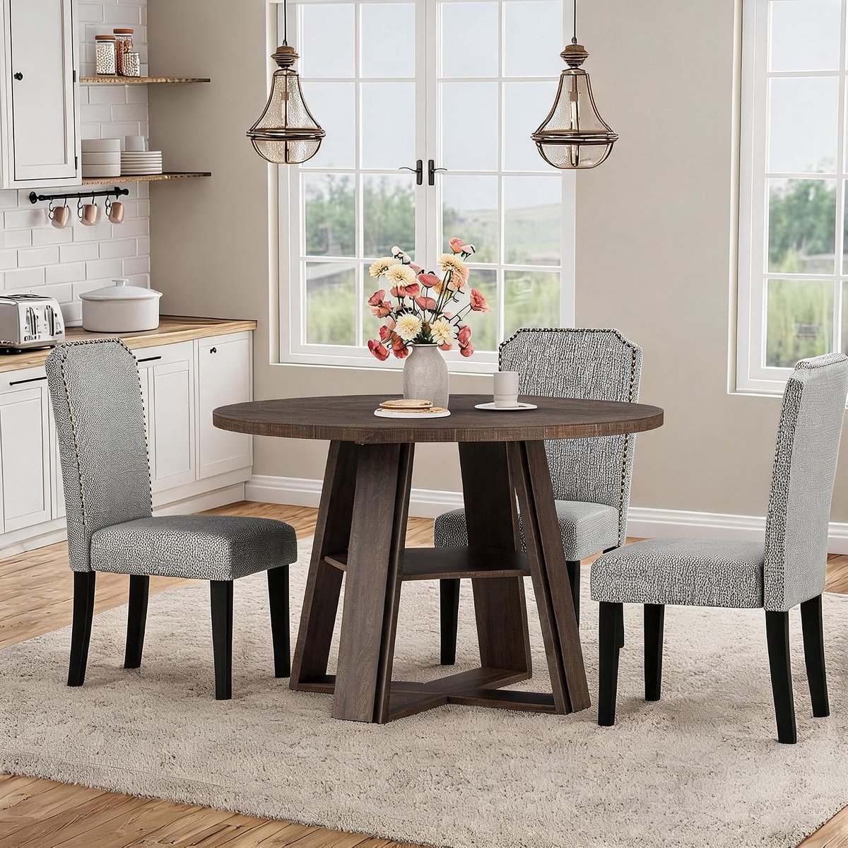 Ronde eettafel van 43,3 inch – Moderne keukentafel – Stevig houten voetstuk – Voor 4-6 personen – Opbergplank – Rond tafelblad – Ruimtebesparend
