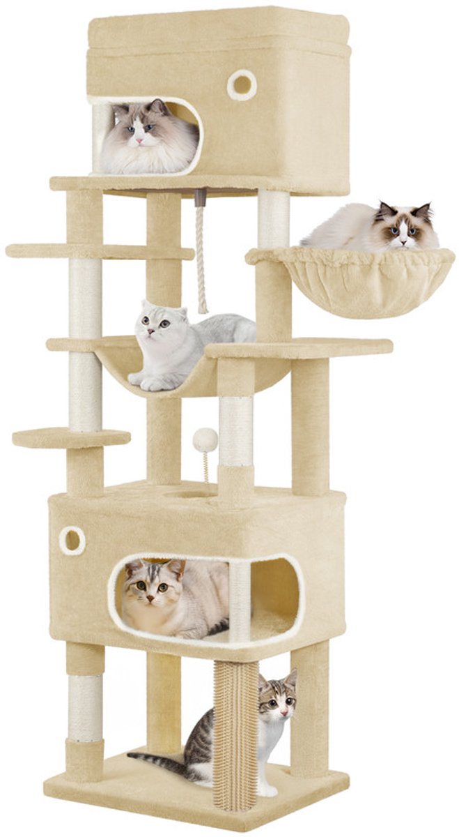 Hzuaneri Kattenkrabpaal, 178cm Meerlaagse Kattenboom met Groot Platform, 2 Grotten, 7 Sisalpalen, Pompons, Kattenmand, Hangmat, Geschikt voor Katten van Alle Groottes, Beige