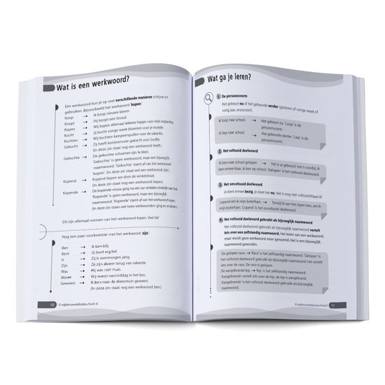 Pagina's uit een oefenboek met uitleg en oefeningen over werkwoorden in het Nederlands.