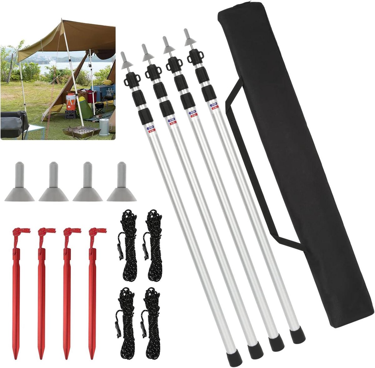 Tentstokken Aluminium - Telescoopstokken Kamperen - Ondersteunen Tarp - Verstelbaar 87-234 cm - 4 stuks - Zilver
